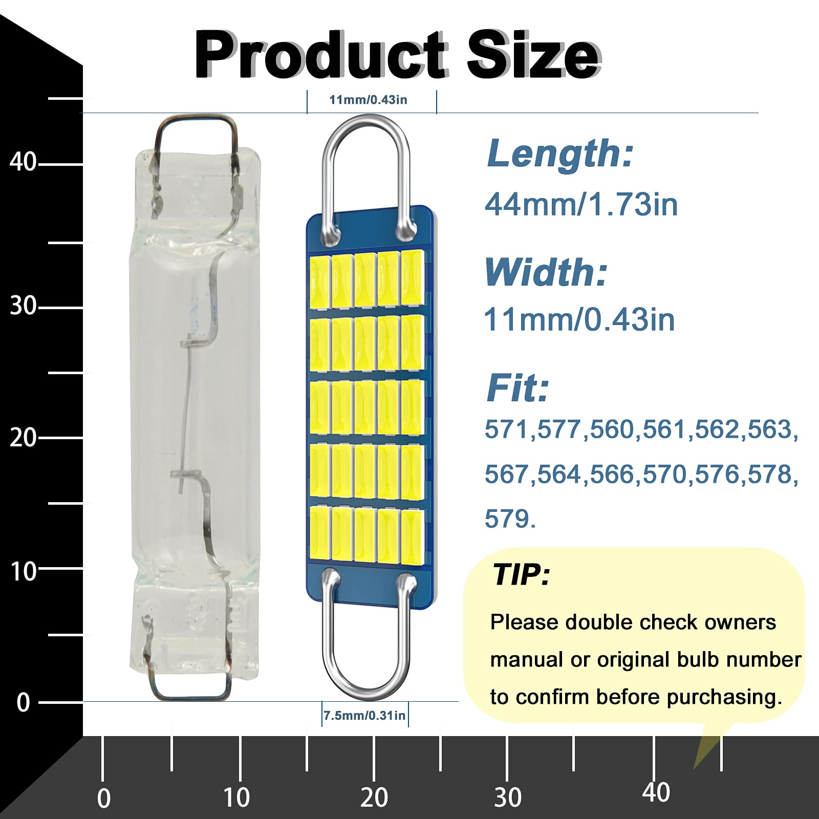Anourney 561 Led Bulb,Super Bright White 4014 Chips Latest 44Mm Rigid Loop 1.73In Festoon Bulbs,Replacement For Car Interior Map Dome Courtesy Lights,561 562 567 Led Bulbs(Pack Of 4)